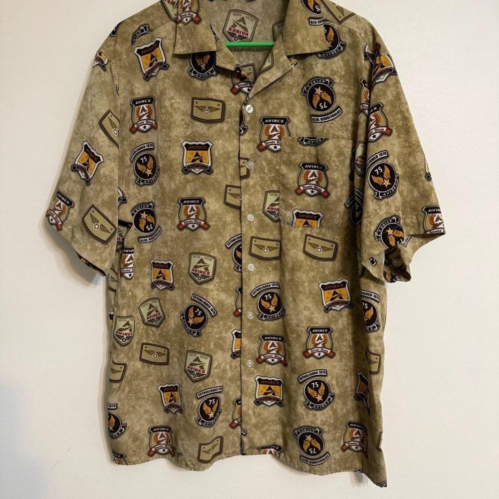 Avirex Mens Tan Military Patch‎ Print Short Sleeve Button Down Shirt Large